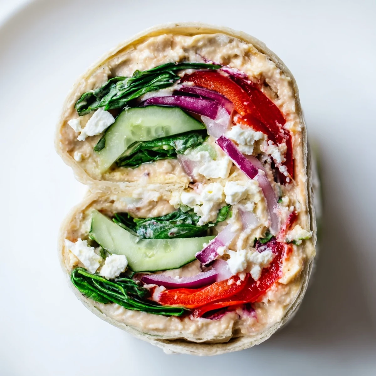 A Mediterranean Veggie Wrap with tangy feta, creamy hummus, and vibrant veggies, served on a rustic wooden board.