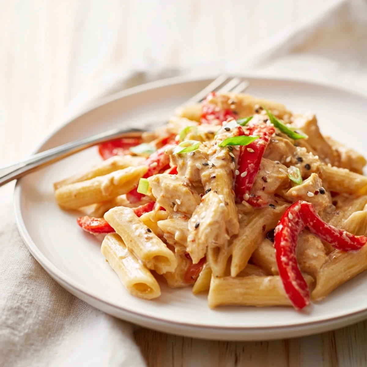 Golden pieces of tender chicken and al dente penne pasta tossed in a vibrant, creamy sweet chili sauce.