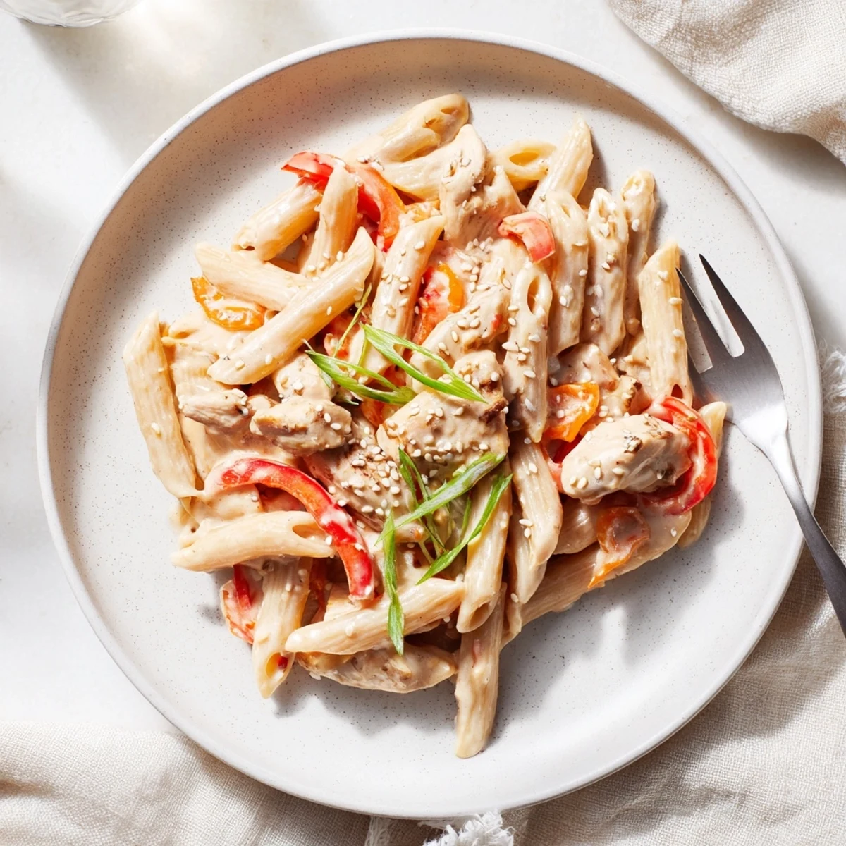 A close-up of Sweet Chili Chicken Pasta garnished with fresh green onions, sesame seeds, and cilantro.