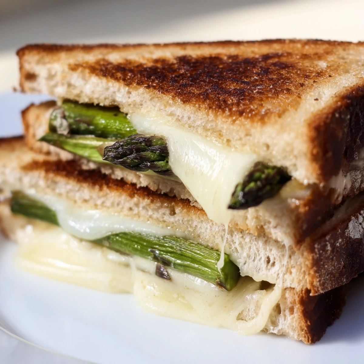 Asparagus & Brie Grilled Cheese sits on a wooden cutting board, golden sourdough slices oozing melted Brie and charred asparagus spears.