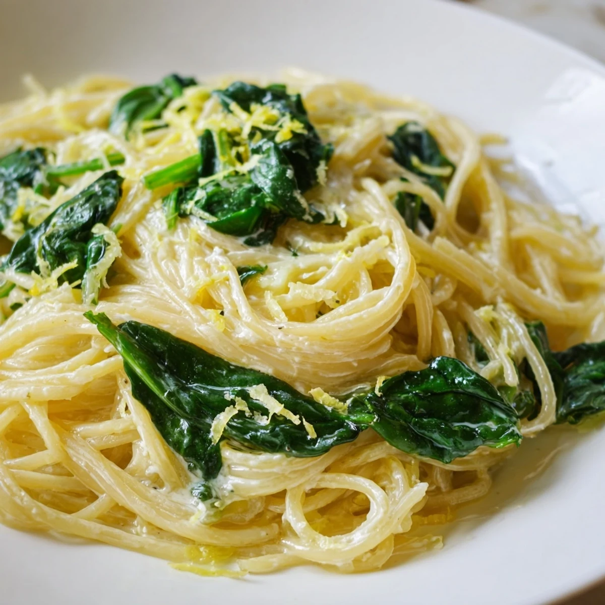 Fork twirls in creamy lemon spinach spaghetti, with steam rising and Parmesan melting over wilted greens.  