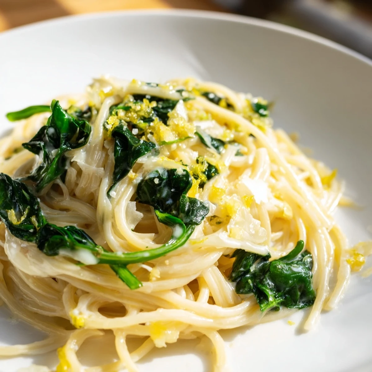 A warm skillet of creamy lemon spinach spaghetti garnished with extra Parmesan and vibrant lemon zest.