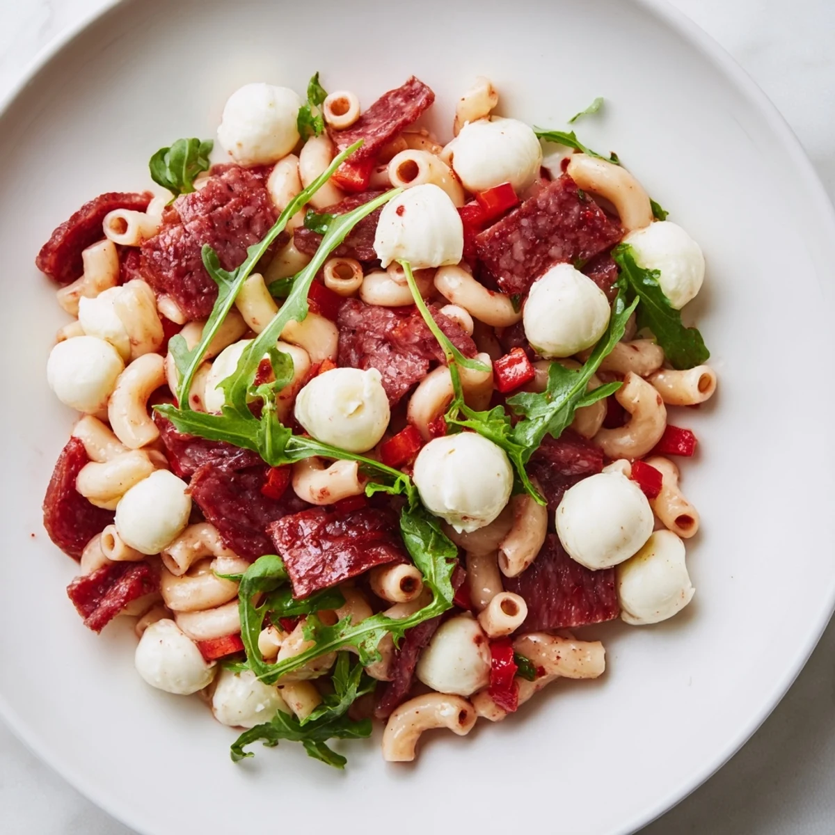 Fresh Spring Antipasto Pasta Salad features ditalini with peppery arugula, savory salami, mozzarella pearls, and bright pickled vegetables in a zesty dressing.