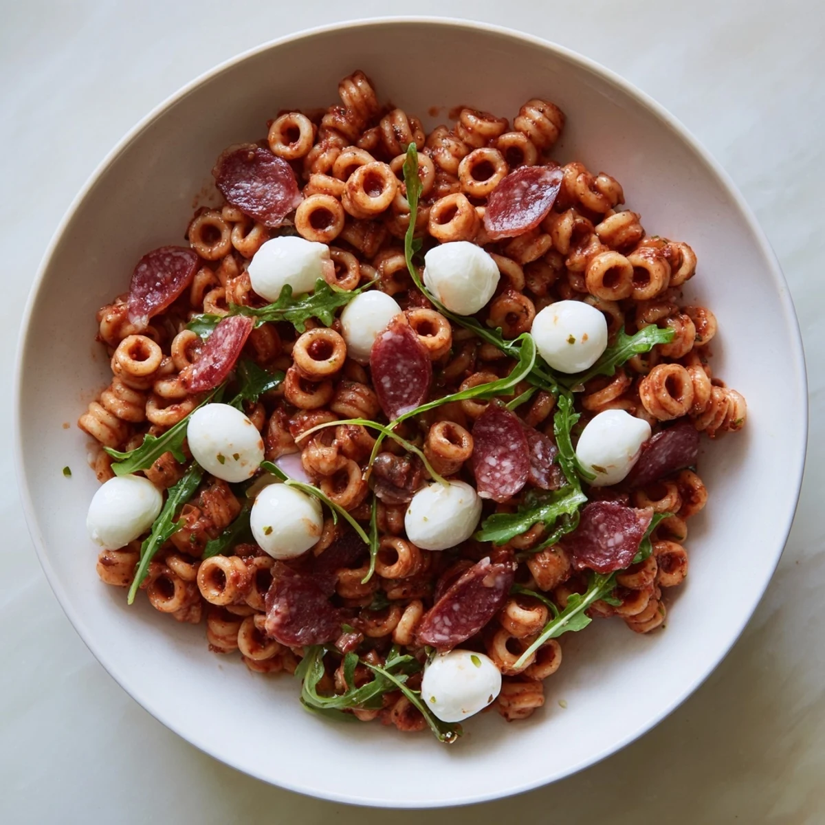 Close-up of Spring Antipasto Pasta Salad showing creamy mozzarella, chopped salami, and al dente ditalini noodles coated in a lemony vinaigrette.