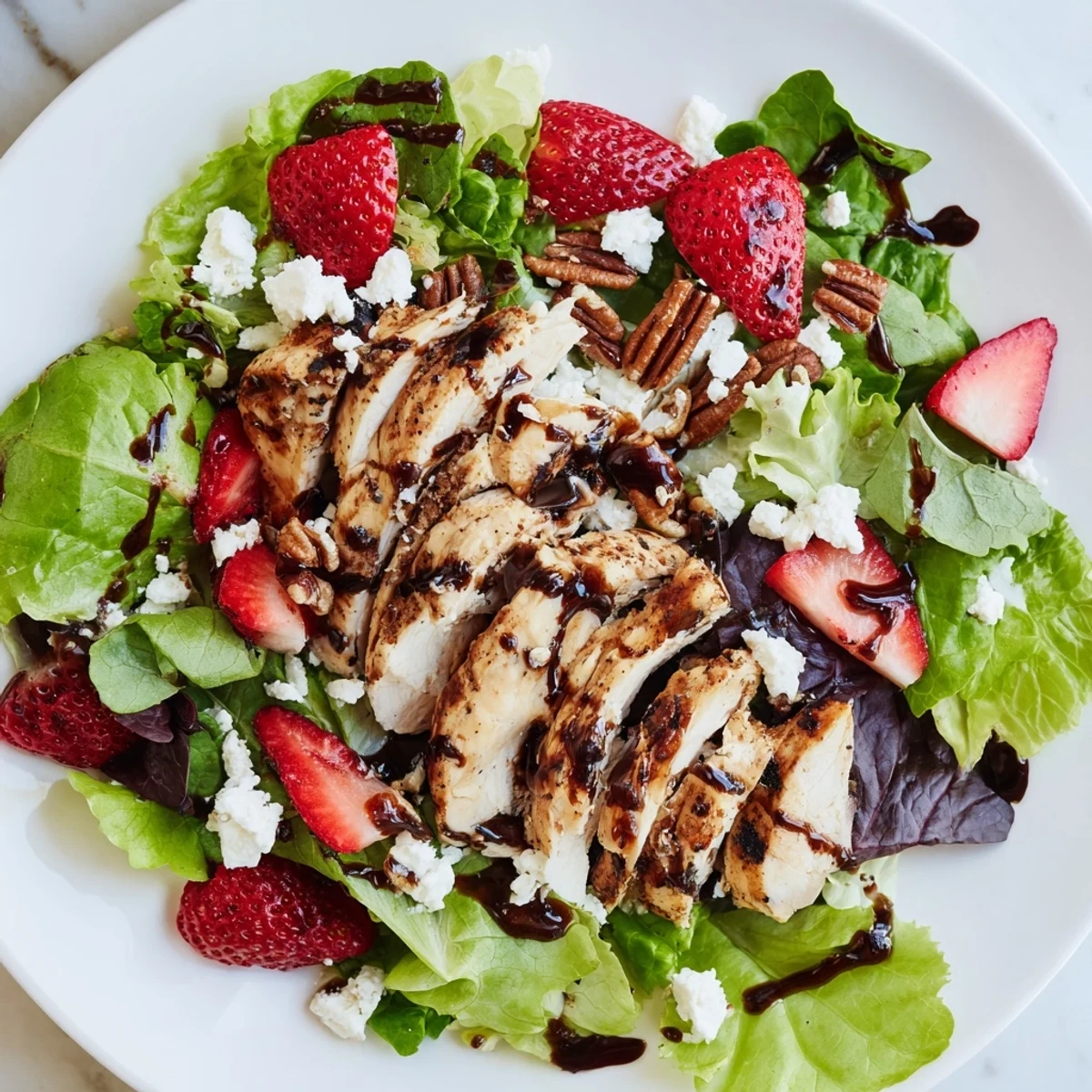 Juicy grilled chicken, fresh strawberries, and creamy feta top crisp greens in this vibrant Strawberry Balsamic Chicken Salad.