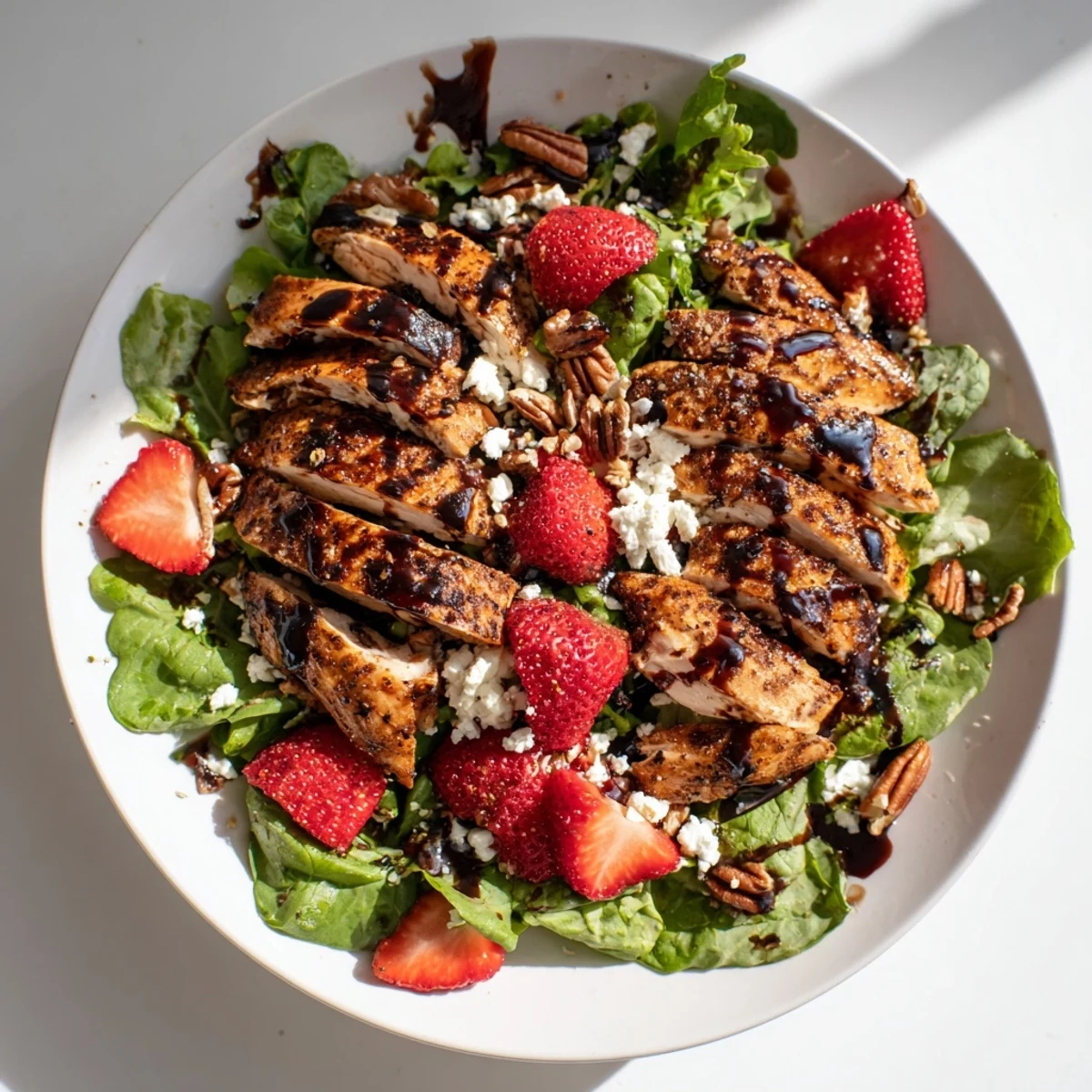 This delicious Strawberry Balsamic Chicken Salad features sliced grilled chicken, sweet berries, and a tangy glaze over mixed greens.
