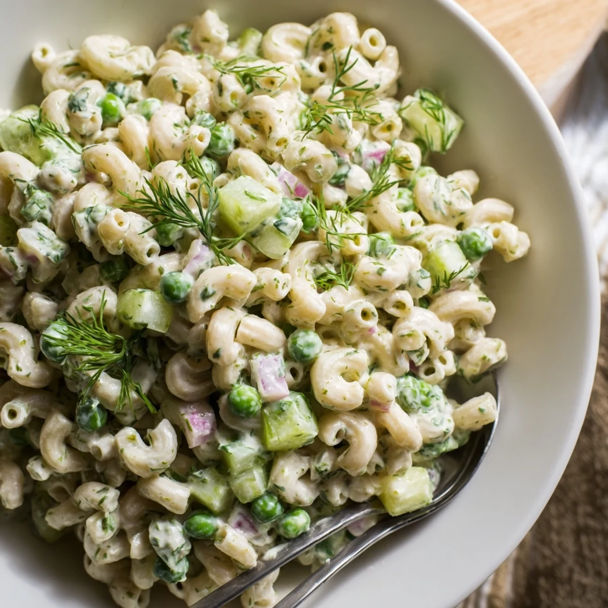 Creamy Dill Pickle Pasta Salad in a white bowl, garnished with fresh dill and served chilled as a perfect spring or summer side dish.  