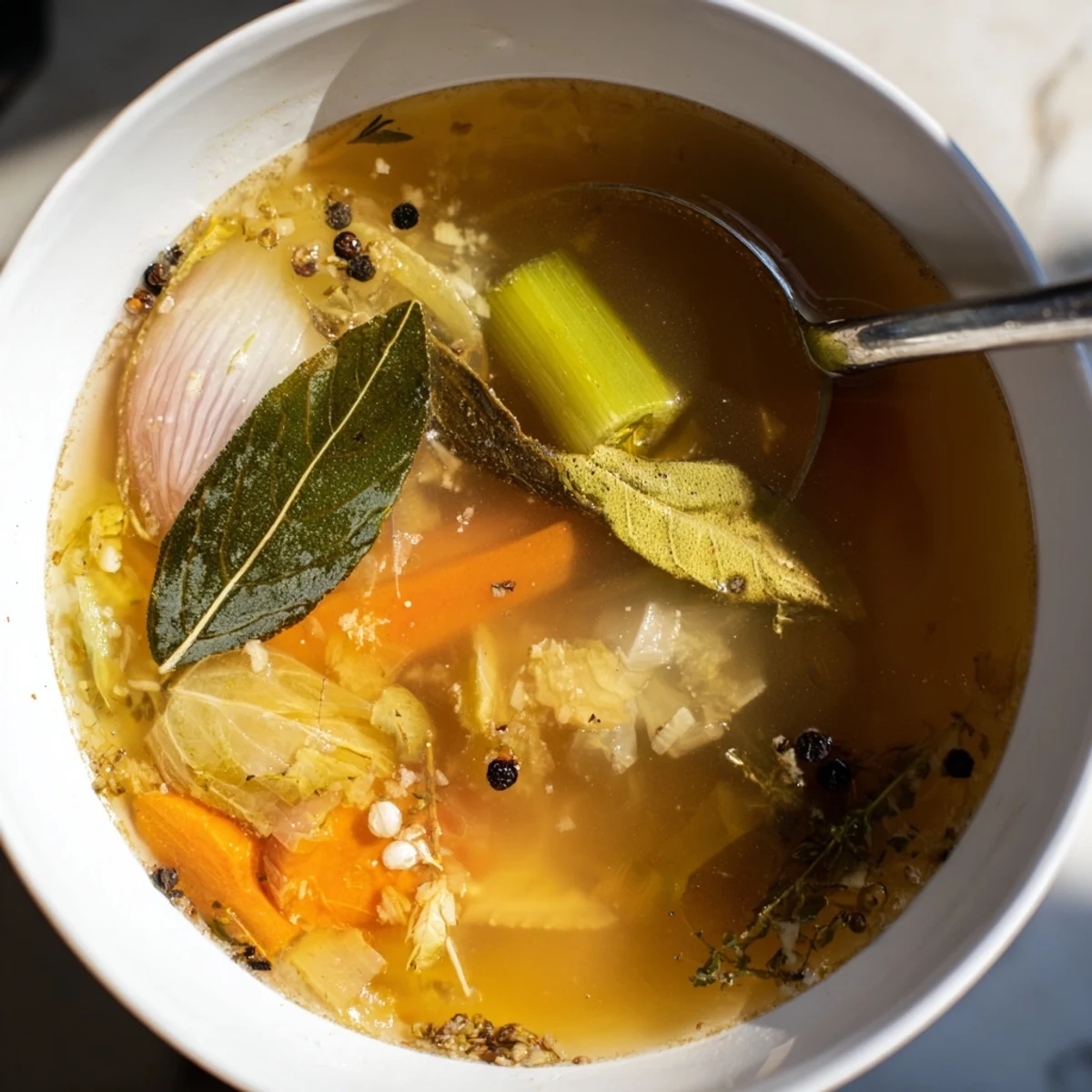 Wholesome Vegetable Broth From Scraps served in a rustic bowl with parsley garnish and crusty bread alongside.