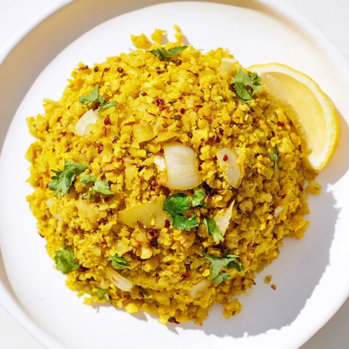 A close-up of golden Turmeric Cauliflower Rice with vibrant cilantro garnish and lemon wedges, served warm.