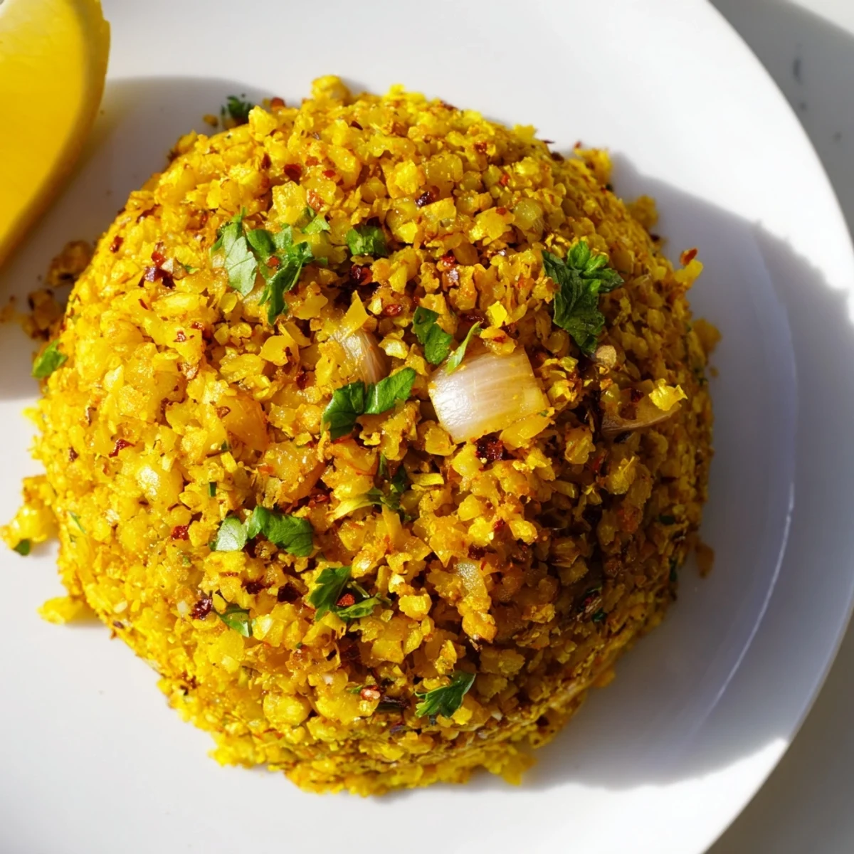 Bright overhead shot of Turmeric Cauliflower Rice in a rustic bowl, garnished with fresh herbs for a healthy meal.