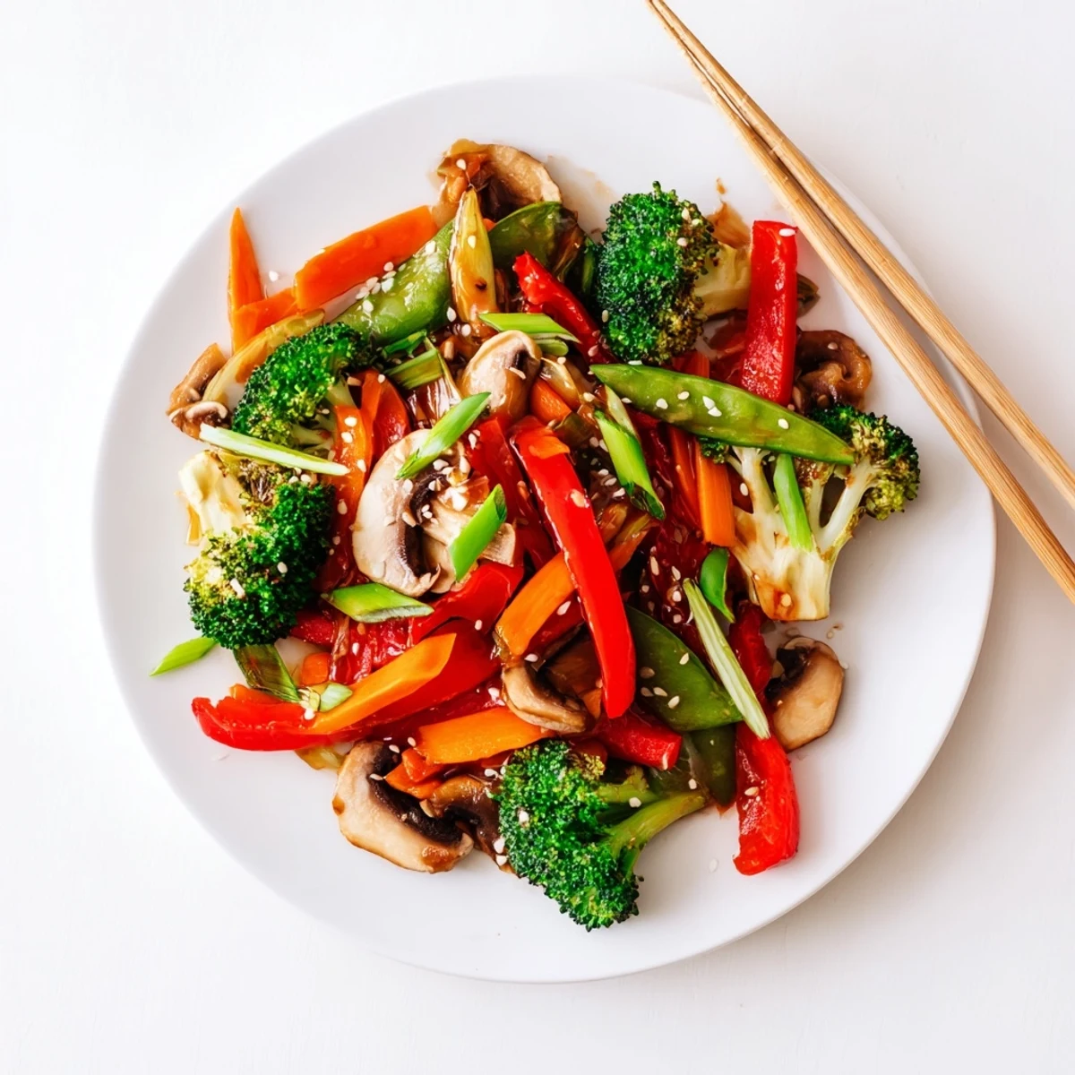 A vibrant wok of ginger stir-fried vegetables, featuring red bell peppers and mushrooms, served hot over fluffy jasmine rice.  