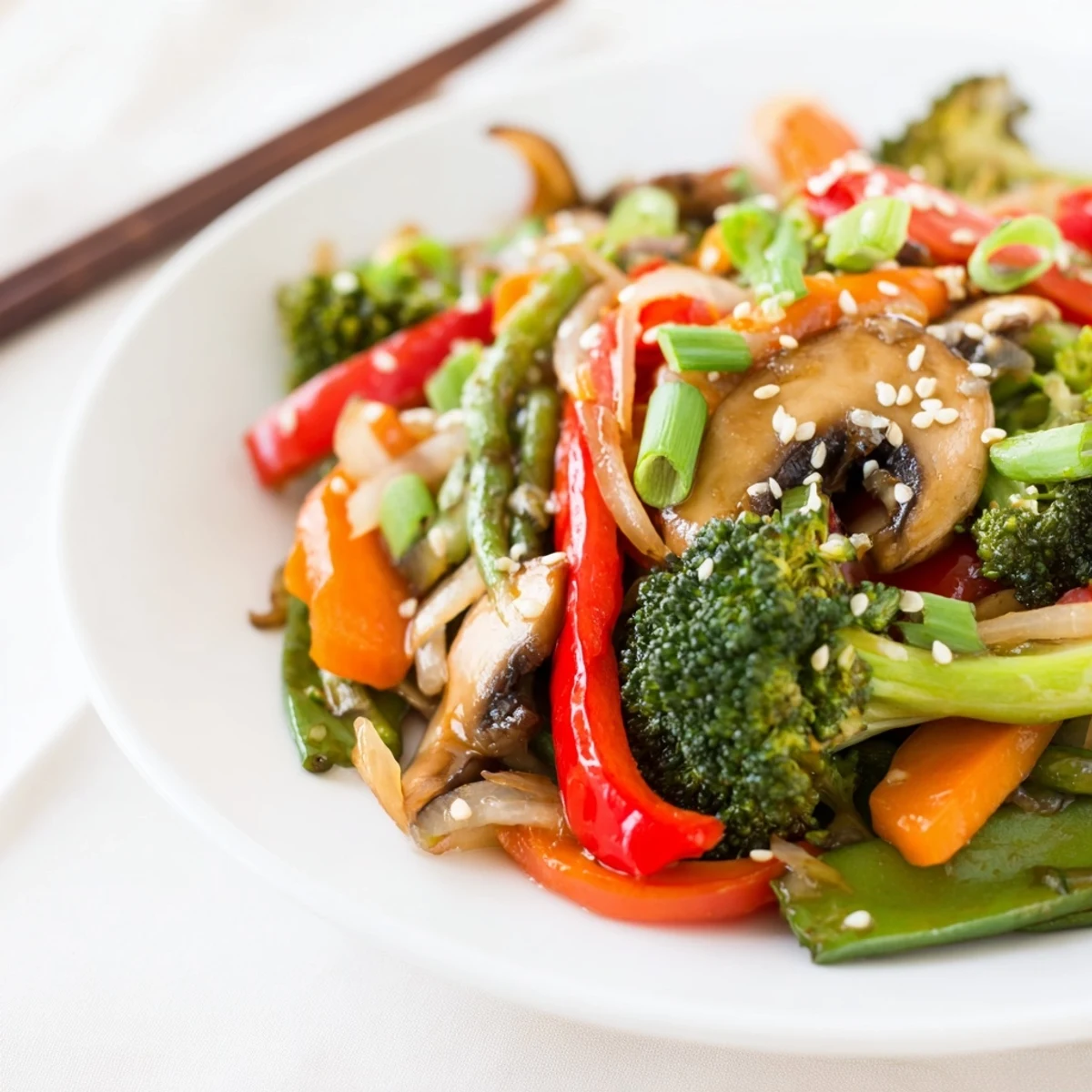 Healthy ginger stir-fried vegetables in a skillet, garnished with toasted sesame seeds and fresh green onions for a flavorful finish.