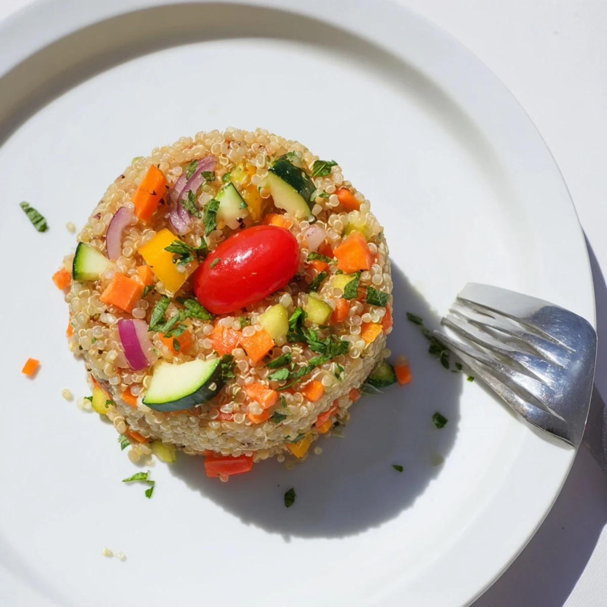 Fluffy quinoa vegetable pilaf loaded with roasted red bell pepper, zucchini, and carrots, garnished with fresh parsley and lemon.  