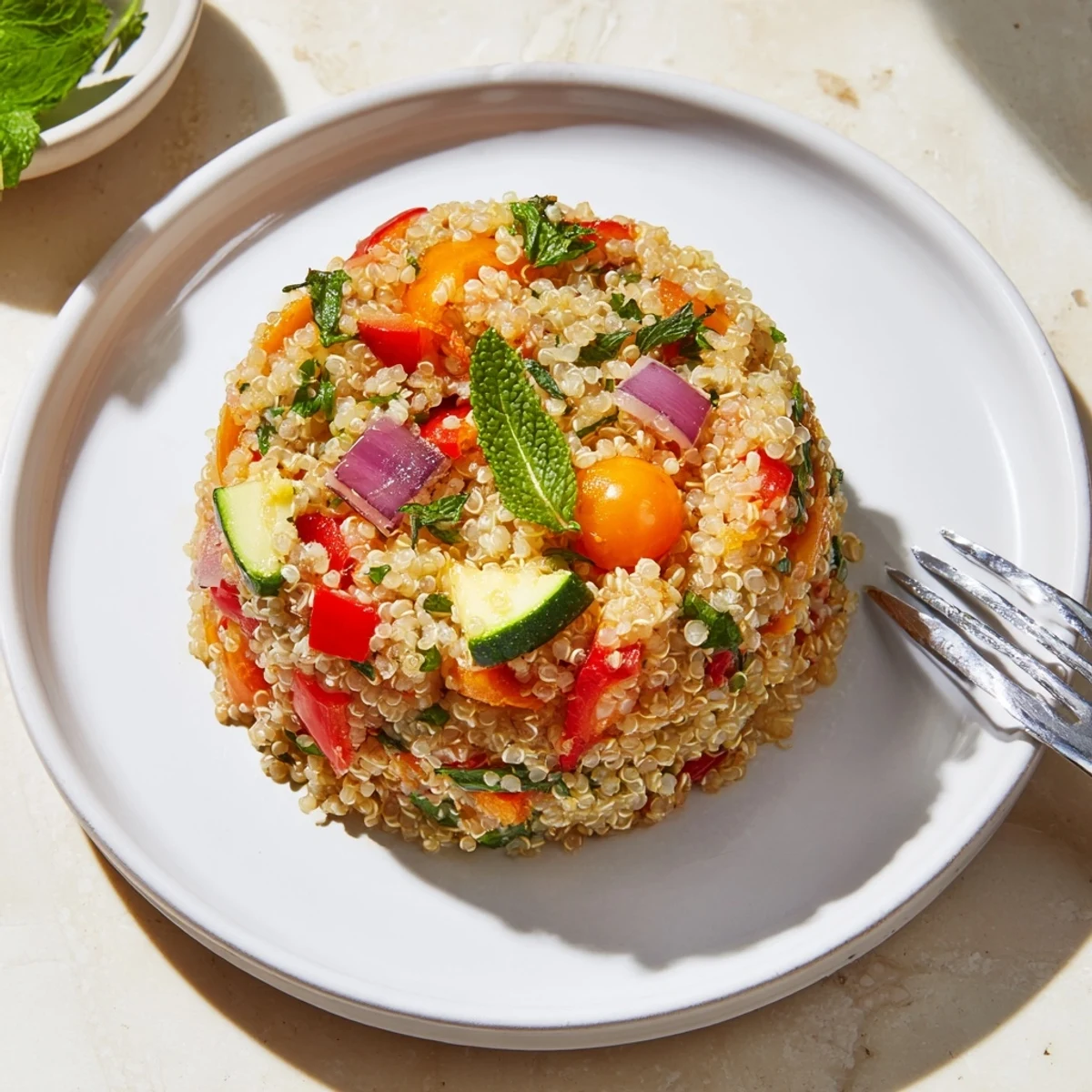 Healthy quinoa vegetable pilaf with colorful roasted seasonal veggies, served as a nutritious main dish or hearty vegetarian side.