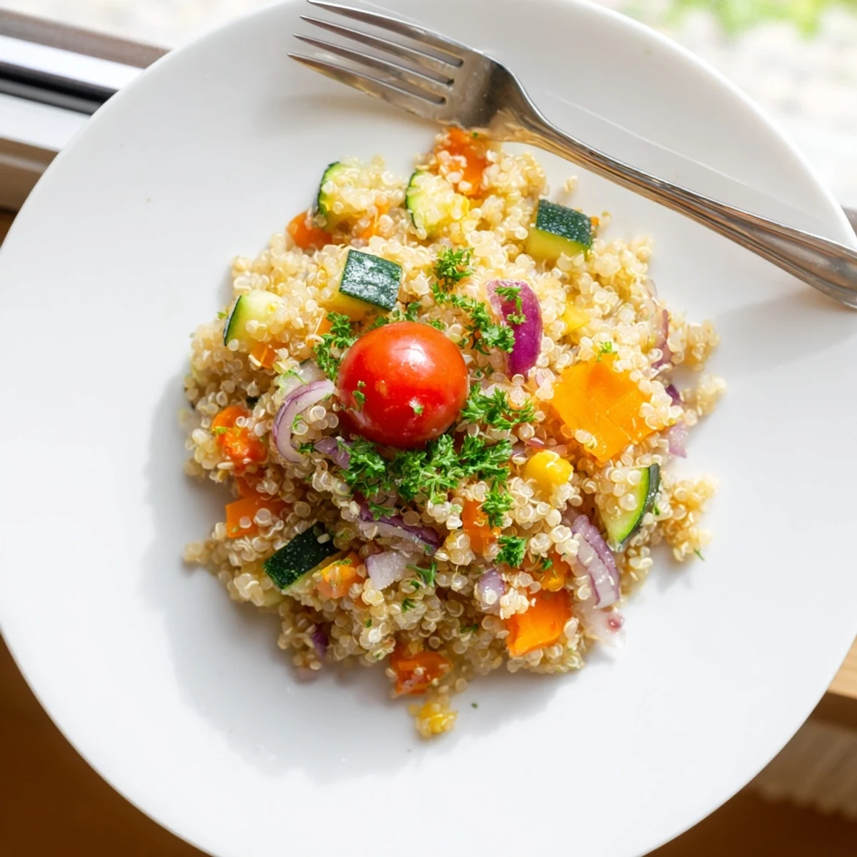 A skillet of warm quinoa vegetable pilaf featuring aromatic herbs and vibrant roasted cherry tomatoes and onions on a rustic table.  