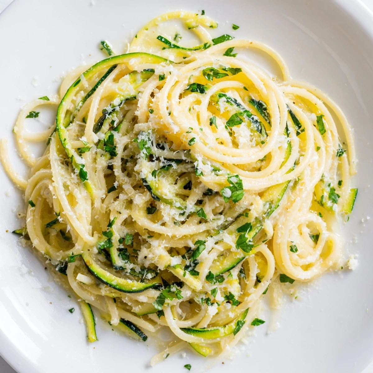 Bright spiralized zucchini and golden strands of Lemon Zucchini Pasta tossed in a glossy, zesty butter sauce.