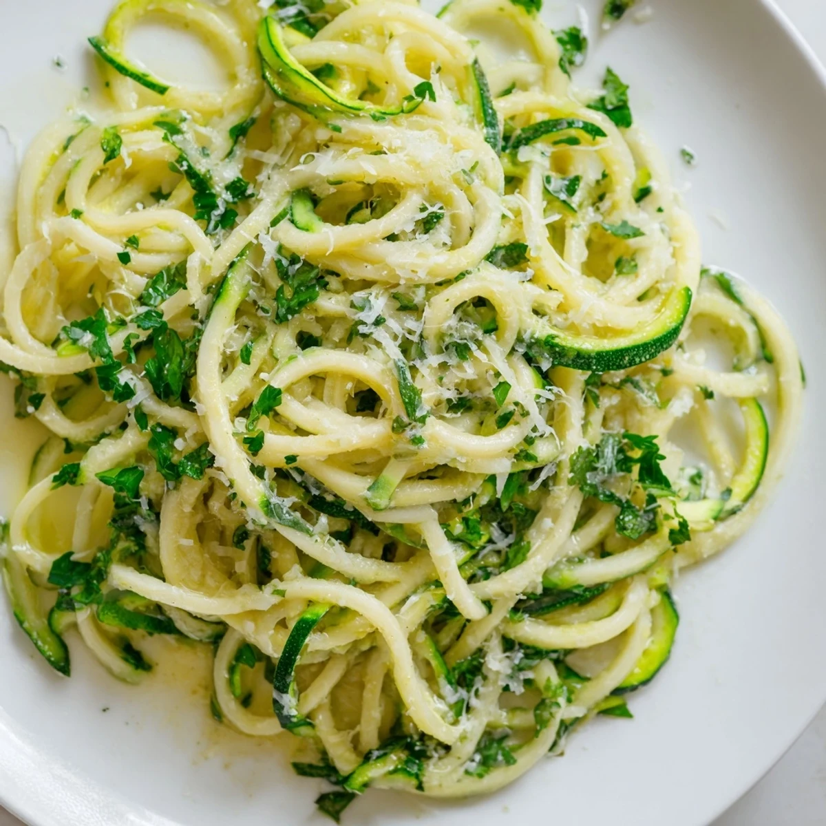 Close-up of Lemon Zucchini Pasta topped with fresh parsley and grated Parmesan, steaming beside a wine glass.
