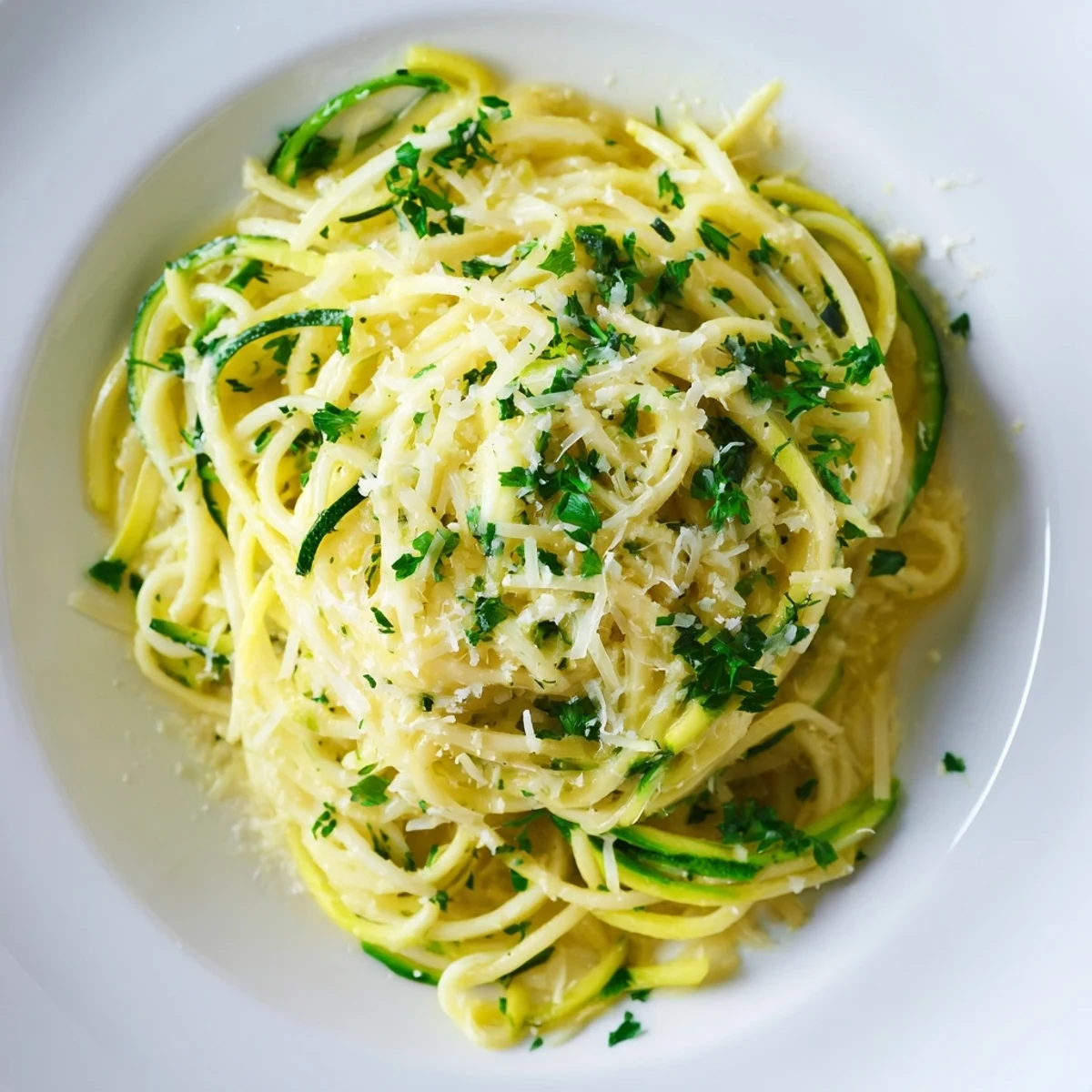 A rustic skillet holds a vibrant serving of Lemon Zucchini Pasta, garnished with lemon zest and pepper flakes.