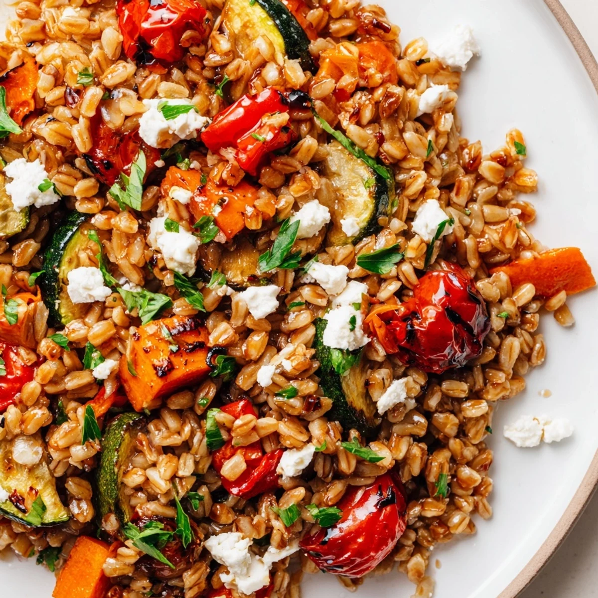 Golden roasted vegetables and chewy farro tossed with fresh parsley and balsamic vinegar.