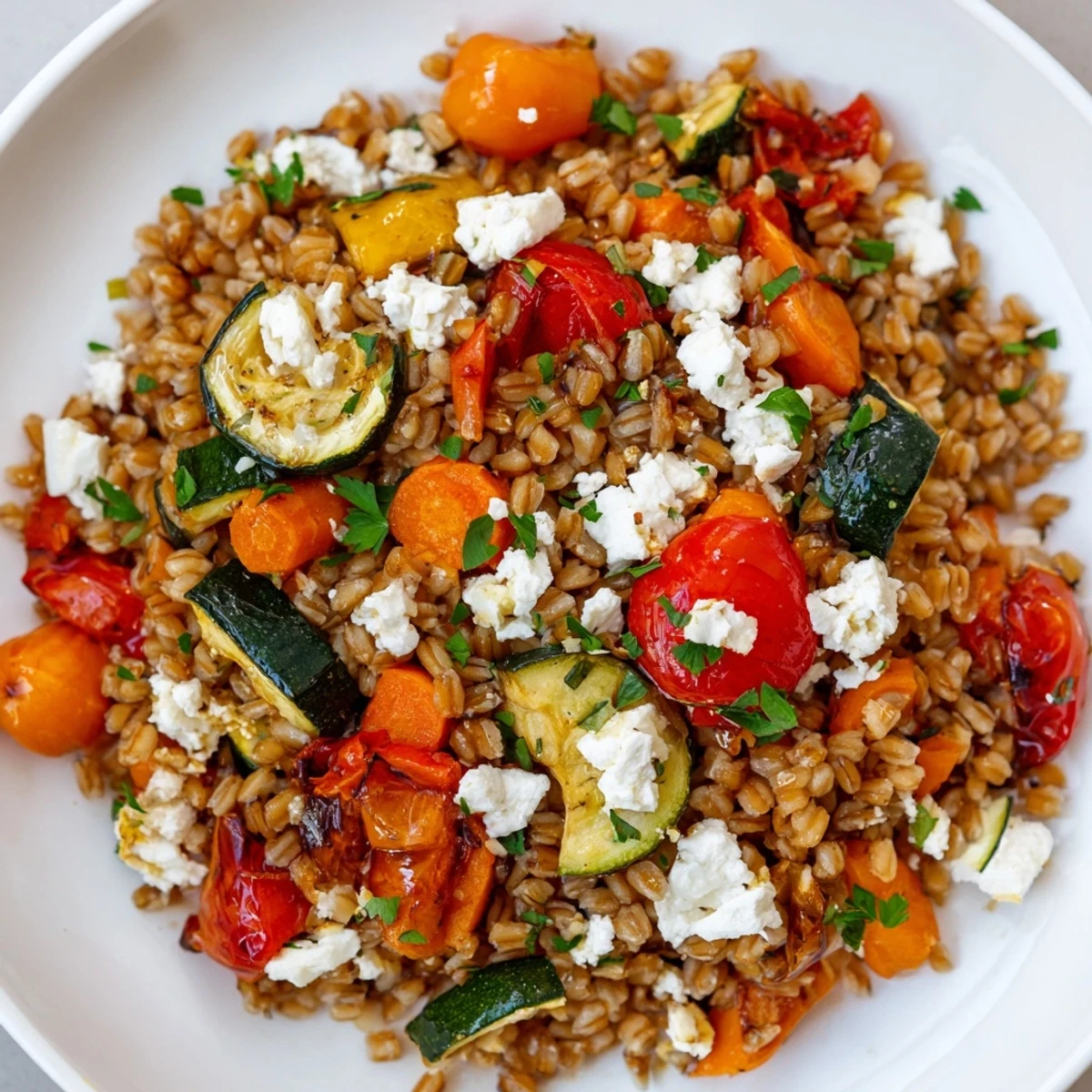 Colorful roasted veggie and farro salad, finished with parsley and optional feta.