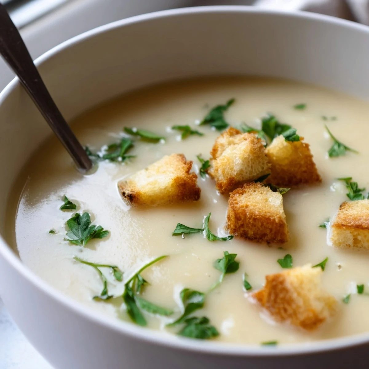 A close-up of creamy roasted garlic soup, featuring tender roasted garlic cloves and a rich, smooth finish.