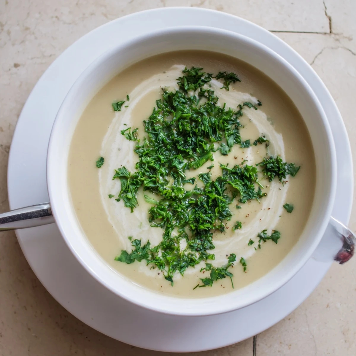 Creamy roasted parsnip and herb soup in a rustic bowl, garnished with fresh dill and chives for a comforting winter meal.