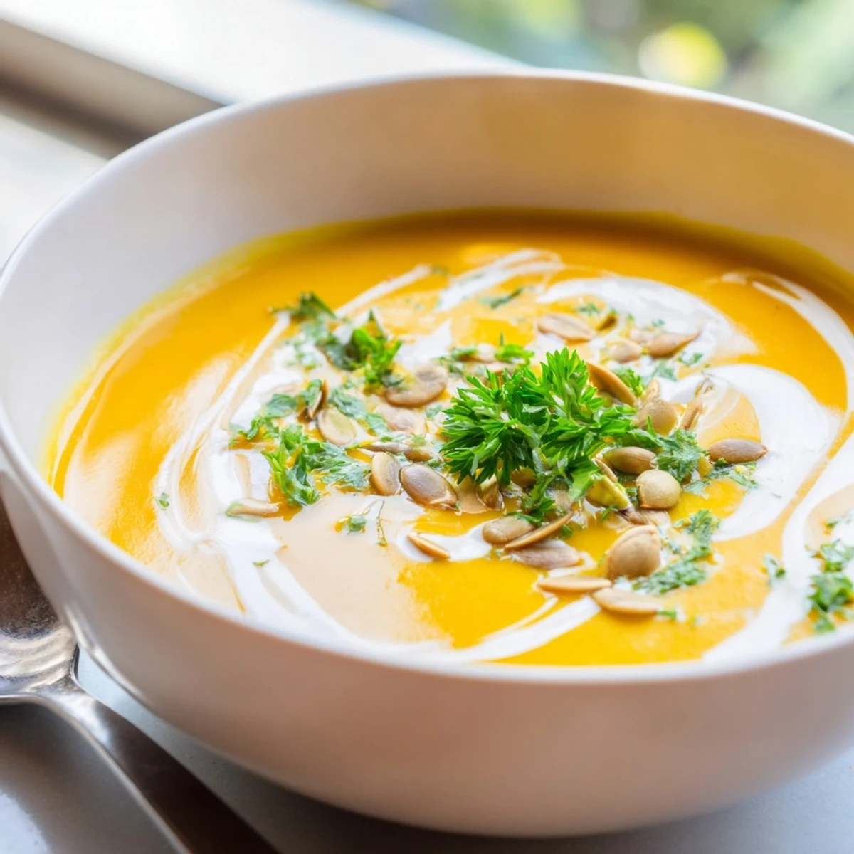 A creamy bowl of Butternut Squash and Apple Soup garnished with toasted pumpkin seeds and fresh parsley.  