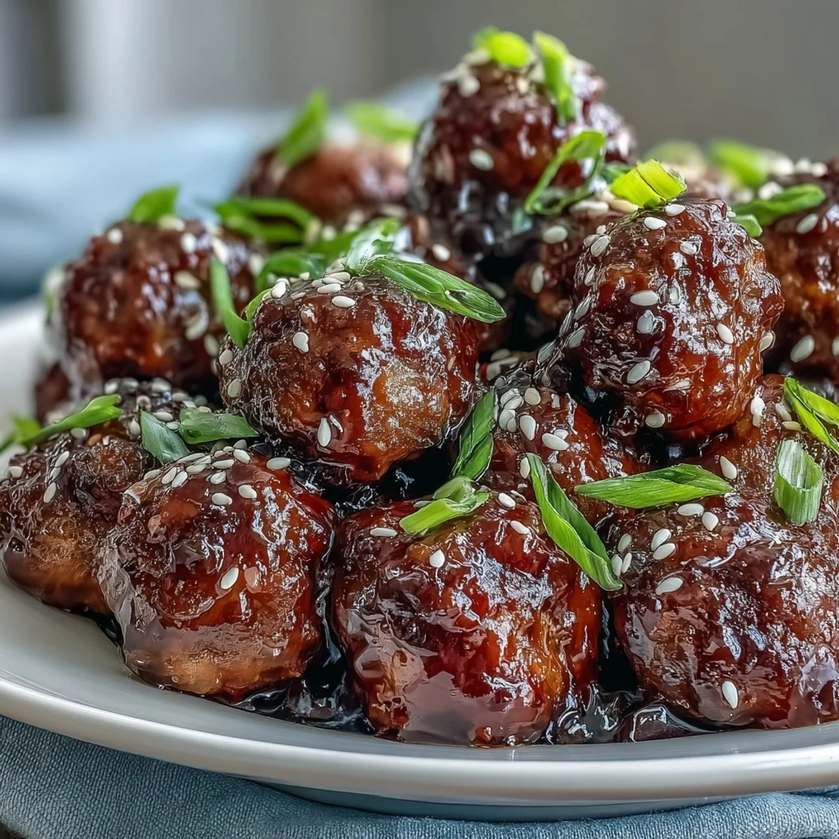 Easy Sweet and Sour Crock Pot Meatballs glistening in a sticky, tangy sauce with a sprinkle of sesame seeds and green onions.