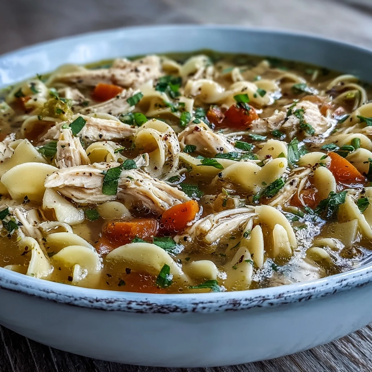 Instant Pot Chicken Noodle Soup steams in a bowl with tender shredded chicken, carrots, celery, and wide egg noodles in golden broth