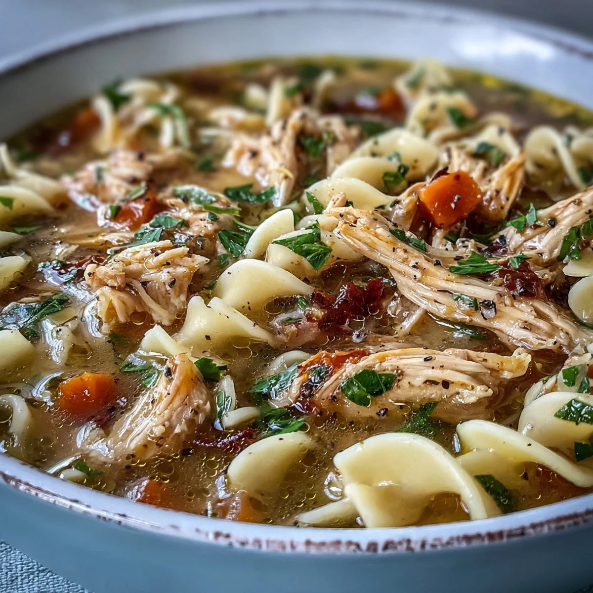 A family-style pot of Instant Pot Chicken Noodle Soup with steam rising, hearty vegetables and egg noodles ready for weeknight dinner