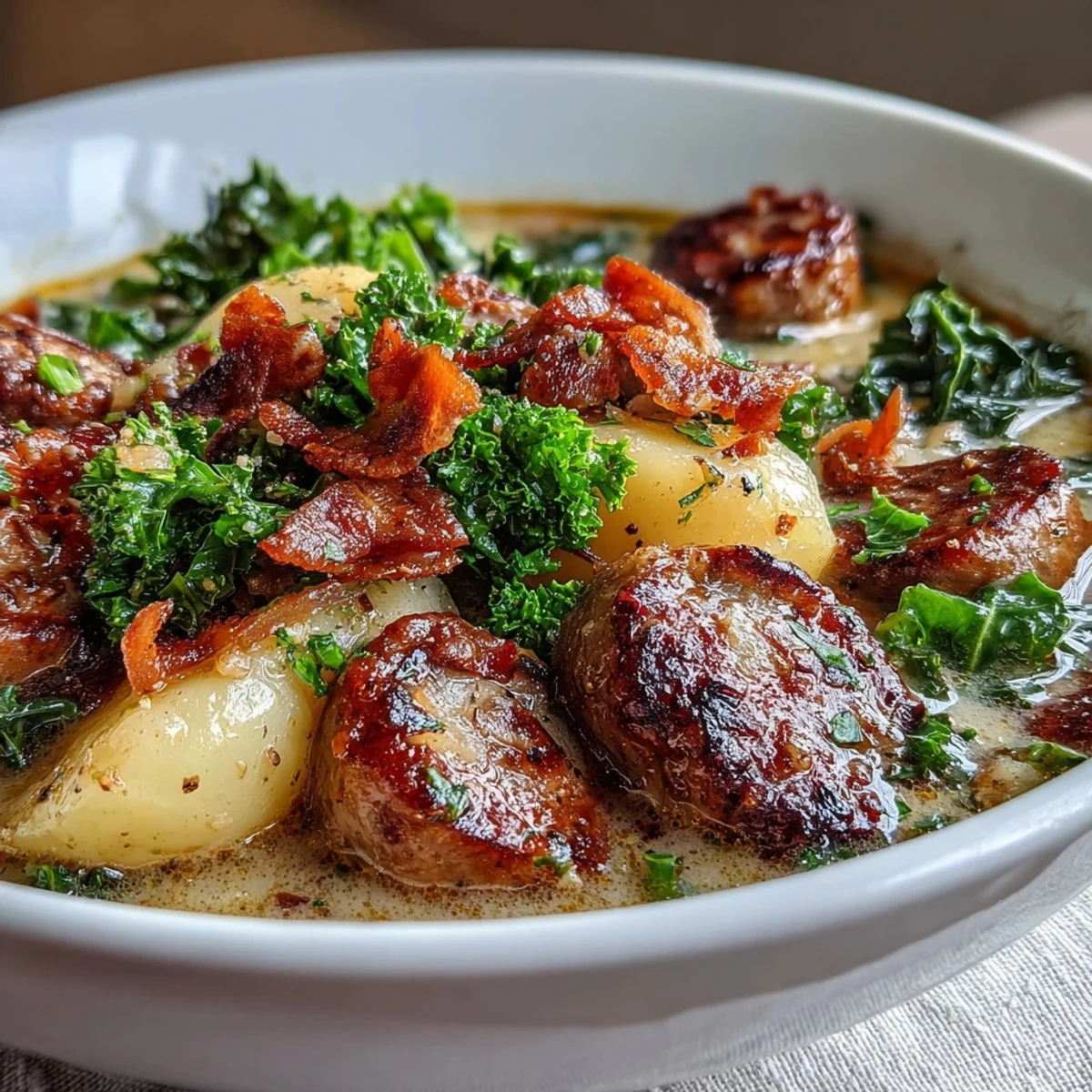 Steaming Italian Sausage Soup with kale and creamy broth in a rustic bowl.