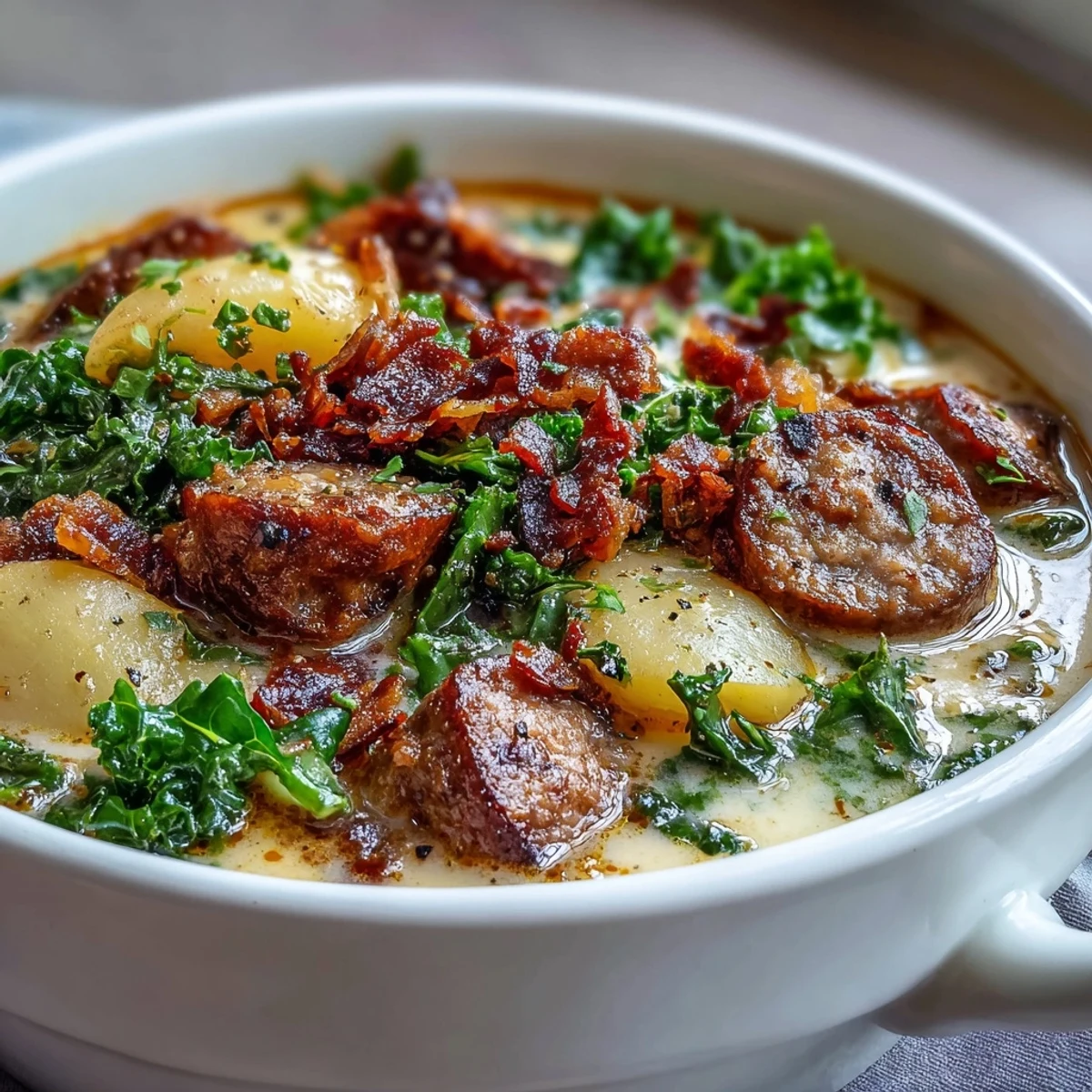 A comforting bowl of Italian Sausage Soup with kale and potatoes, ready to serve.