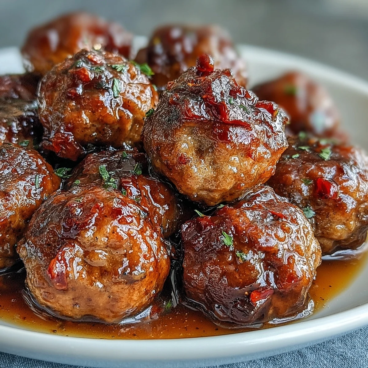 Golden brown Slow Cooker Peach Glazed Meatballs simmering in a sweet and tangy sauce with fresh thyme garnish.