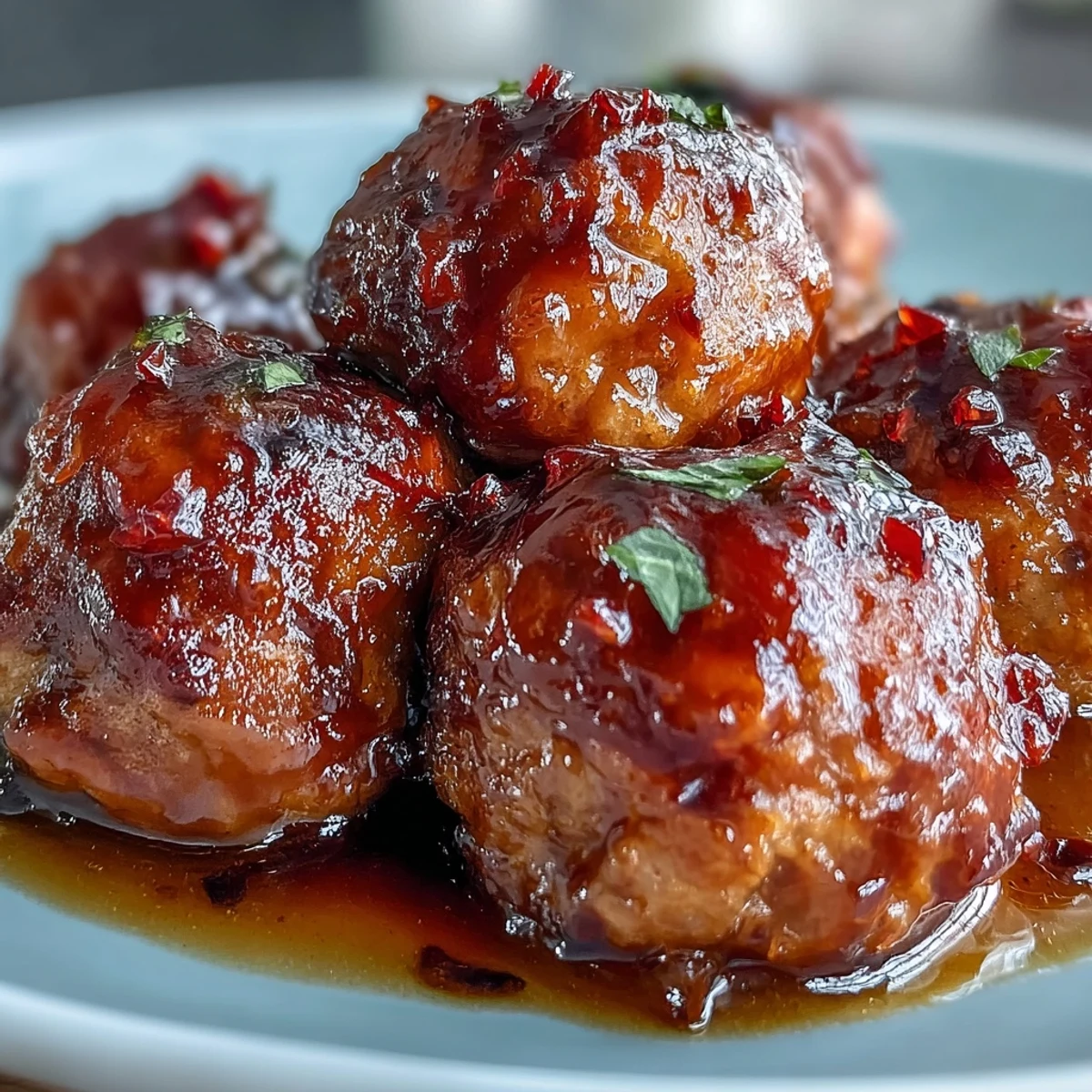 Glossy orange glaze coating tender Slow Cooker Peach Glazed Meatballs served on a platter with toothpicks for appetizers.