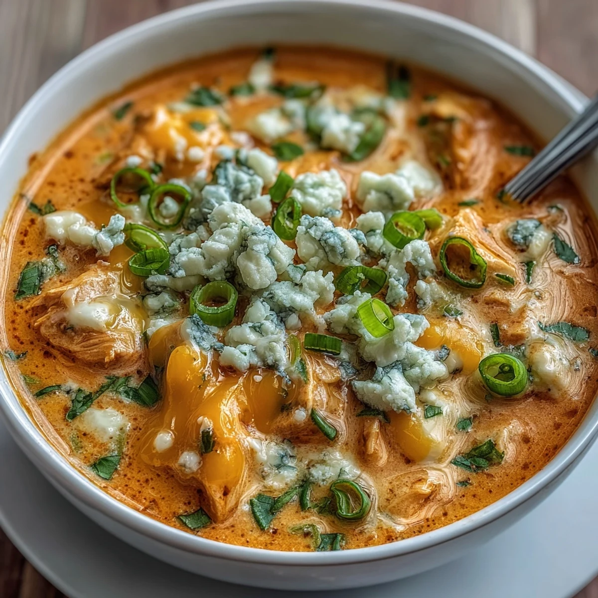 Slow cooker close-up of shredded chicken swimming in spicy, creamy Crock Pot Buffalo Chicken Dip Soup with a wooden spoon.