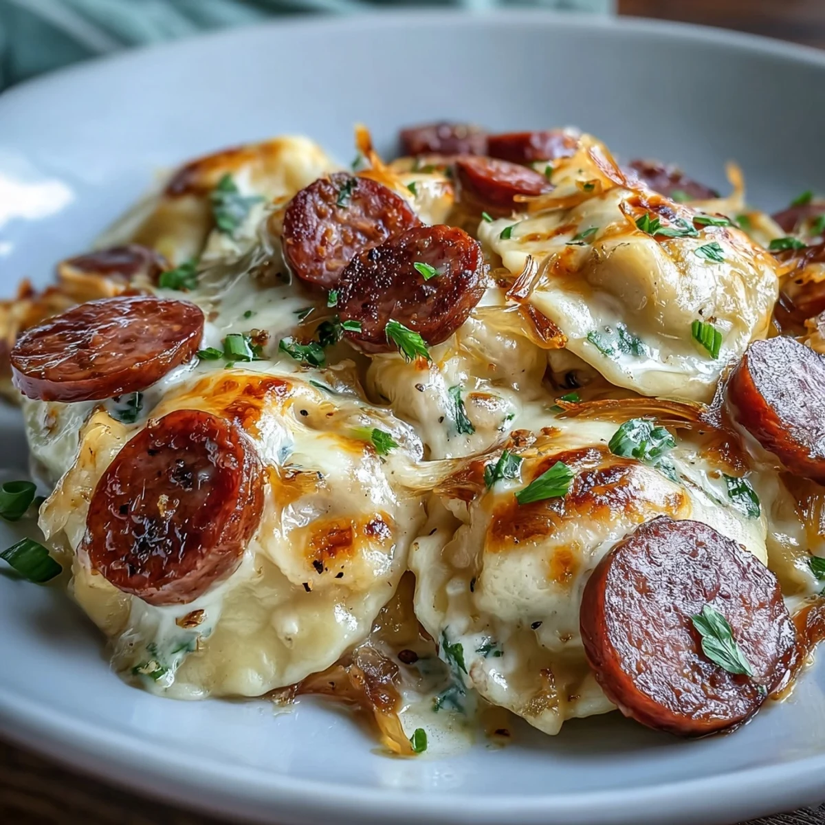 Crockpot Pierogi Casserole With Kielbasa served hot and bubbly, topped with fresh chives and extra shredded cheddar cheese.