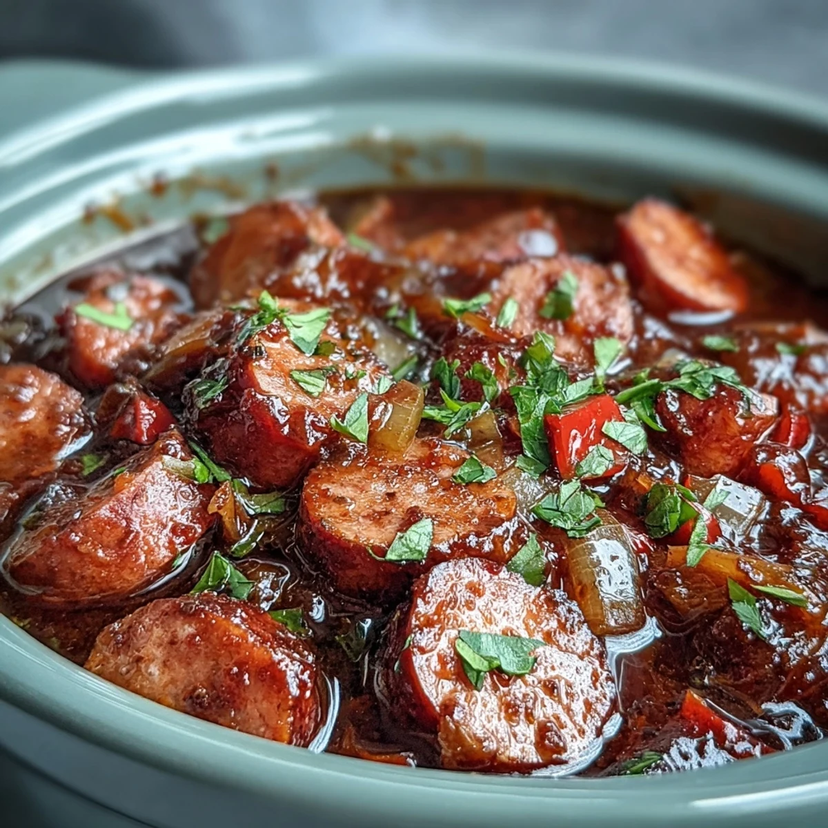 Slow cooker Crock Pot BBQ Cocktail Sausage Soup with tender smoked sausage pieces swimming in a thick, tangy, smoky red broth.