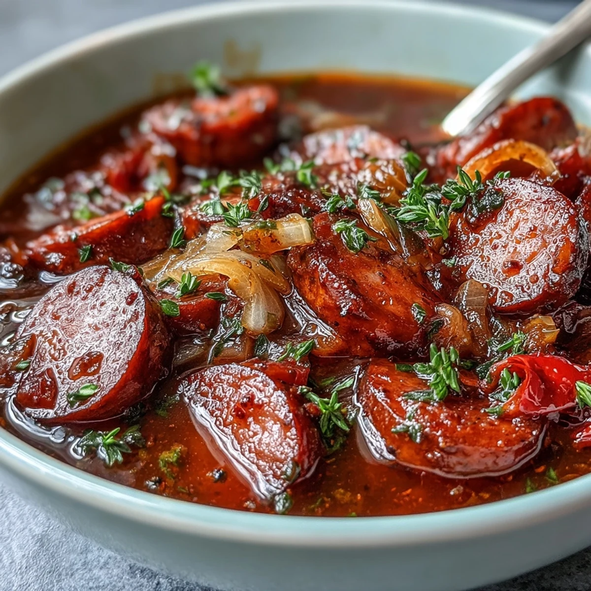 A steaming bowl of Crock Pot BBQ Cocktail Sausage Soup topped with fresh parsley, served beside crusty artisan bread.