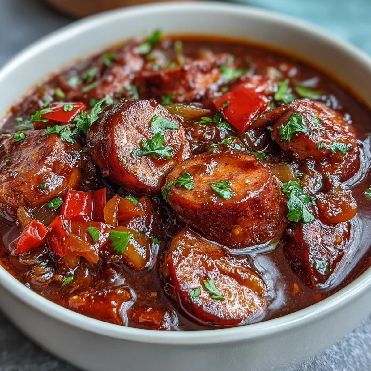 Easy Crock Pot BBQ Cocktail Sausage Soup featuring colorful red bell peppers and onions in a sweet and savory broth.