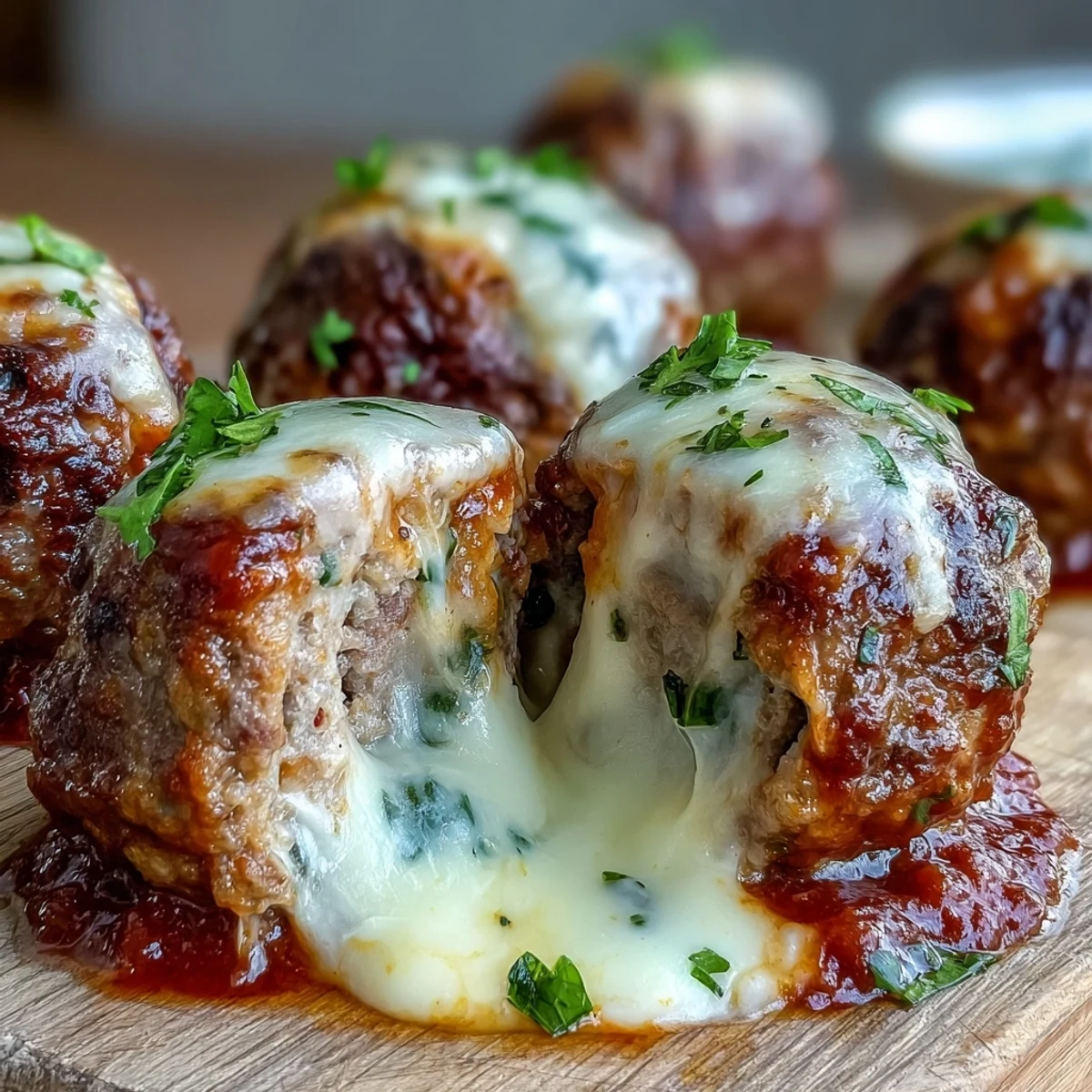 Golden brown Cheesy, Garlicky Meatballs With Marinara bubbling in a skillet, topped with fresh basil leaves.