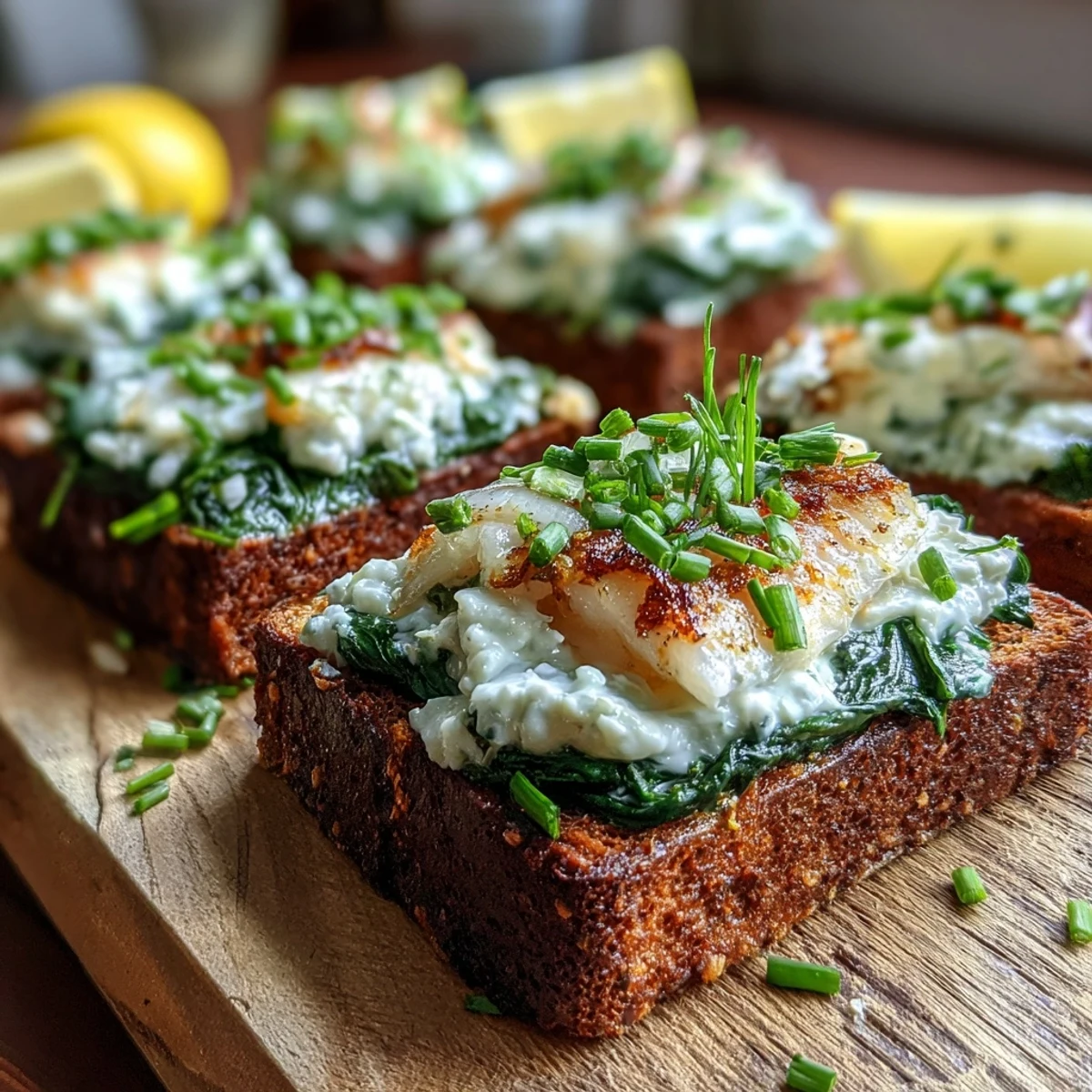 Smoked haddock and spinach rye toasts served on a rustic plate, highlighting the protein-packed breakfast with a side of lemon for zest.