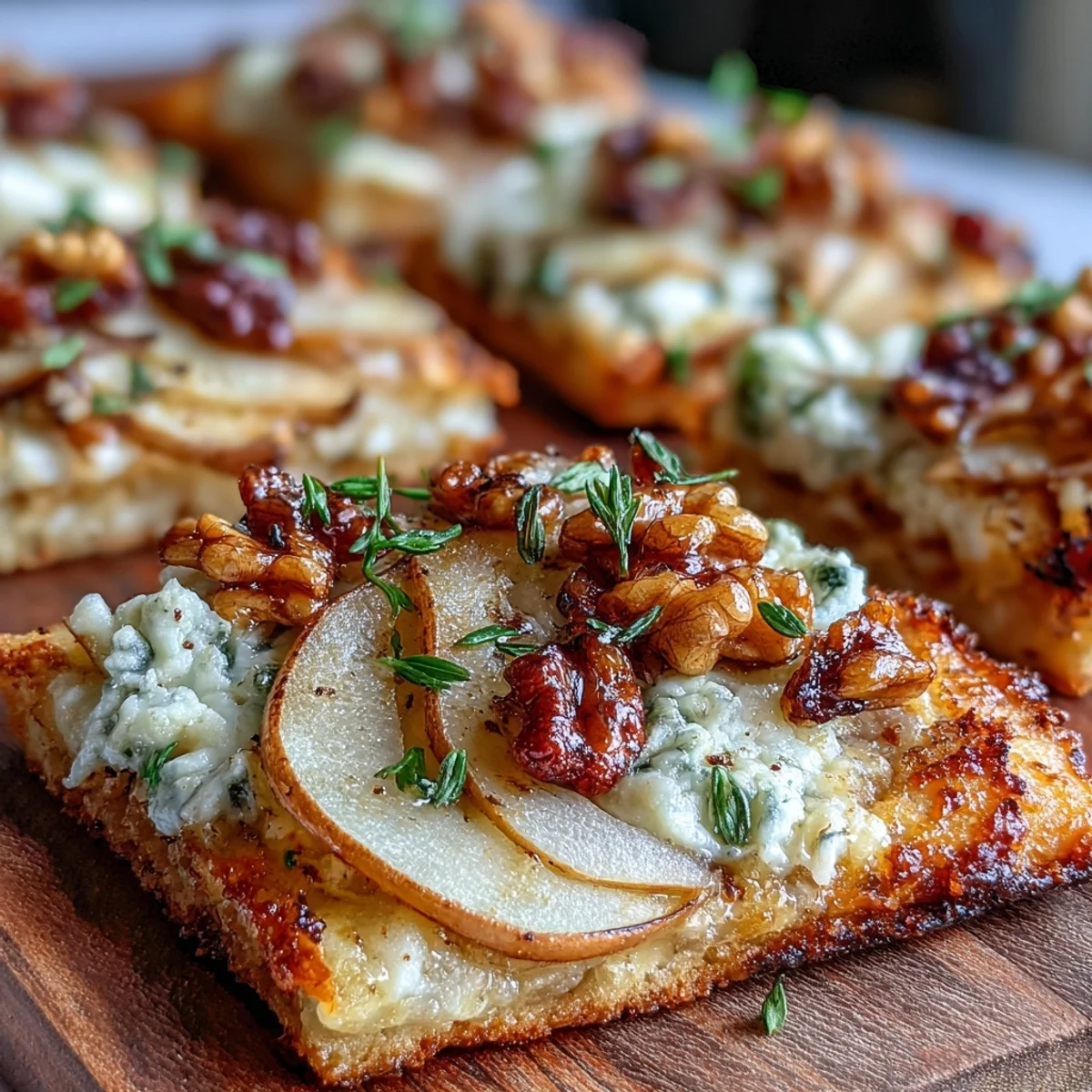 Rustic plate of warm Pear, Gorgonzola, and Pickled Walnut Pizzettes with a drizzle of honey.