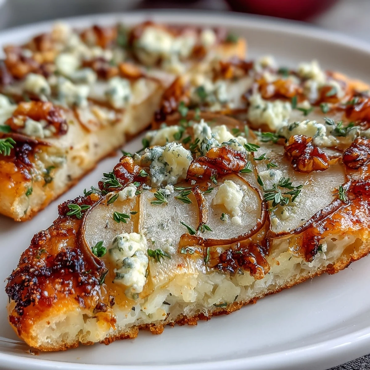 Freshly baked Pear, Gorgonzola, and Pickled Walnut Pizzettes on a wooden board with arugula garnish.
