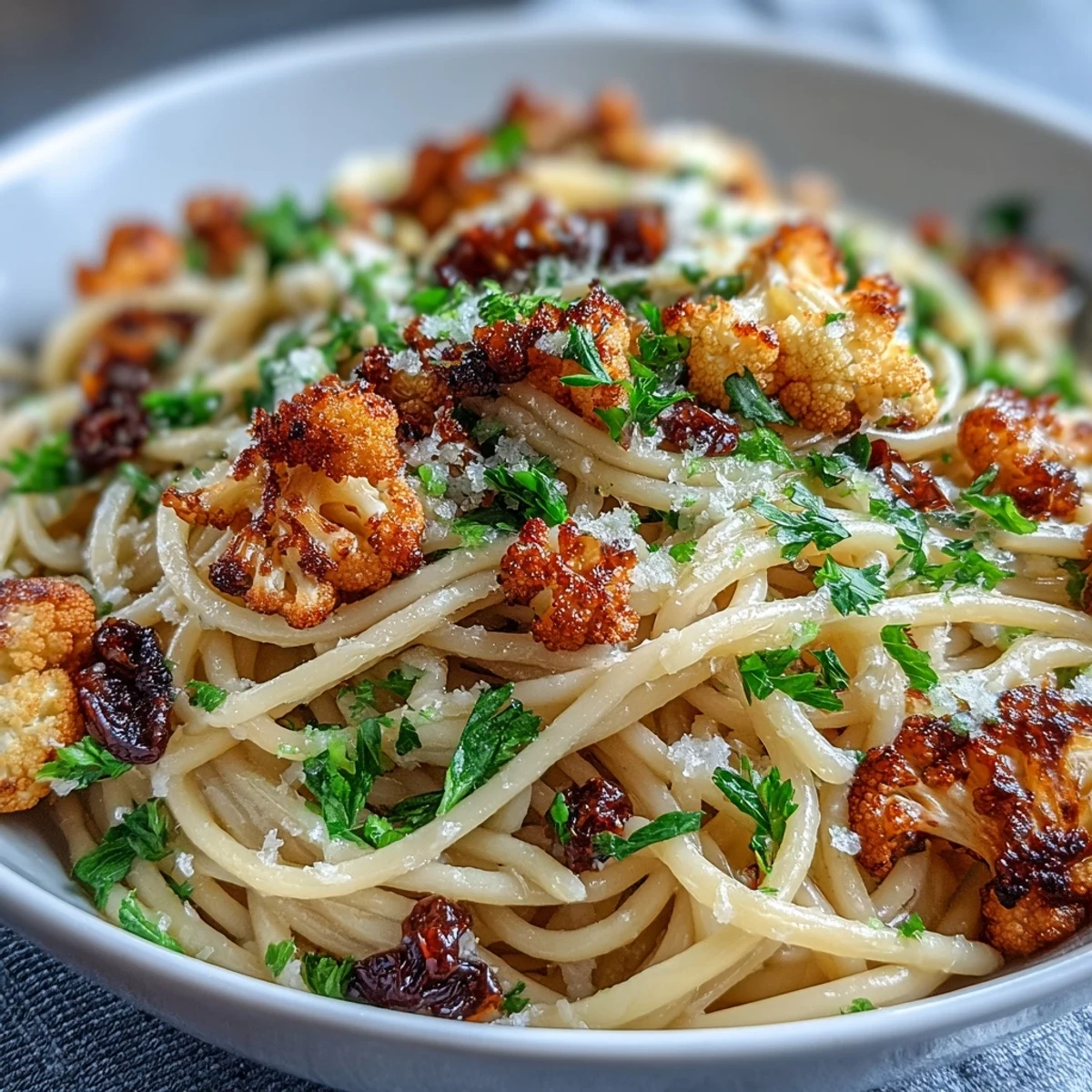 Golden roasted cauliflower florets tossed in Cauliflower, Anchovy and Raisin Spaghetti with fresh parsley and lemon zest.