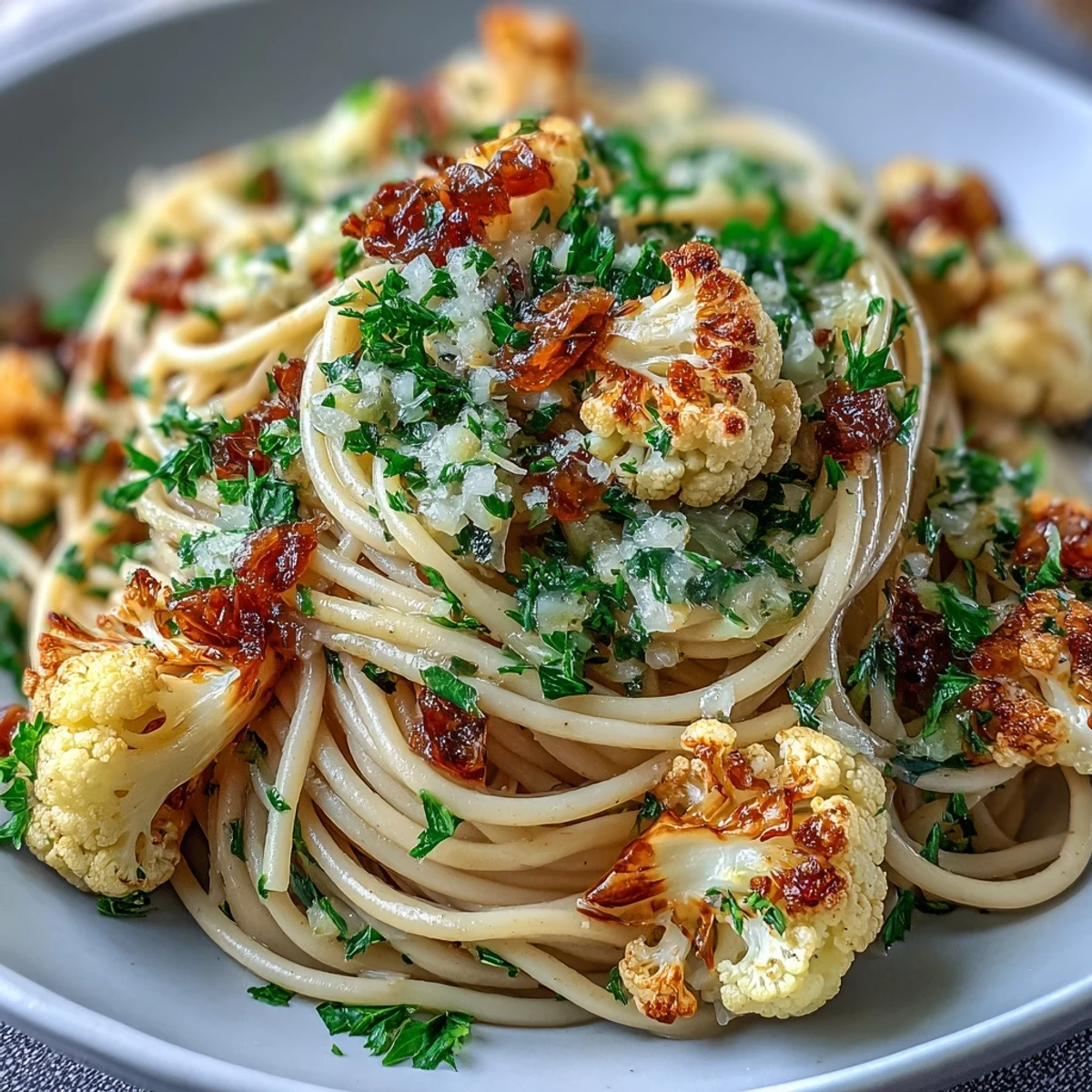 Savory Cauliflower, Anchovy and Raisin Spaghetti twirled on a fork, highlighting raisins and anchovy flakes in olive oil.