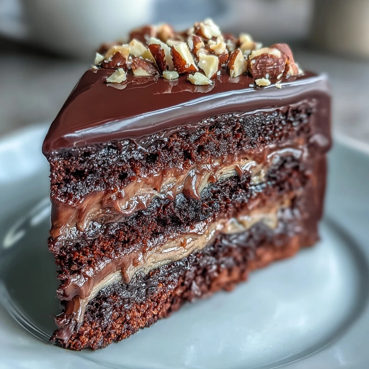 A whole Chocolate Celebration Cake on a platter, layered with rich ganache and topped with sparkling hazelnut praline shards.