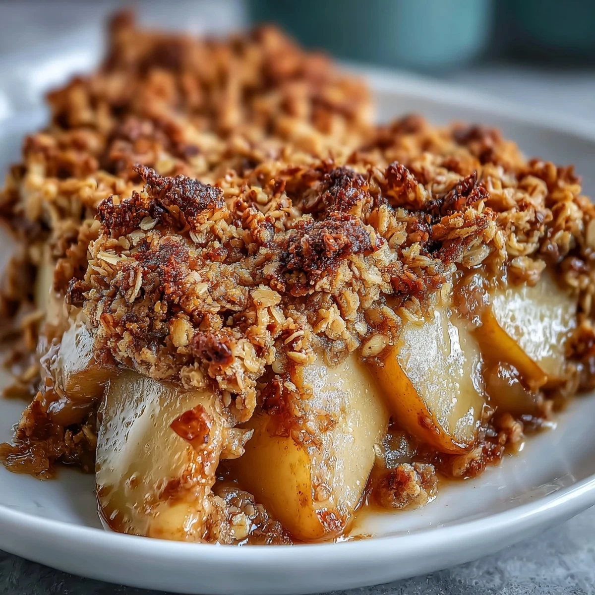 Golden-brown Pear Crumble bubbling from a baking dish, served warm with a scoop of vanilla ice cream melting on top.