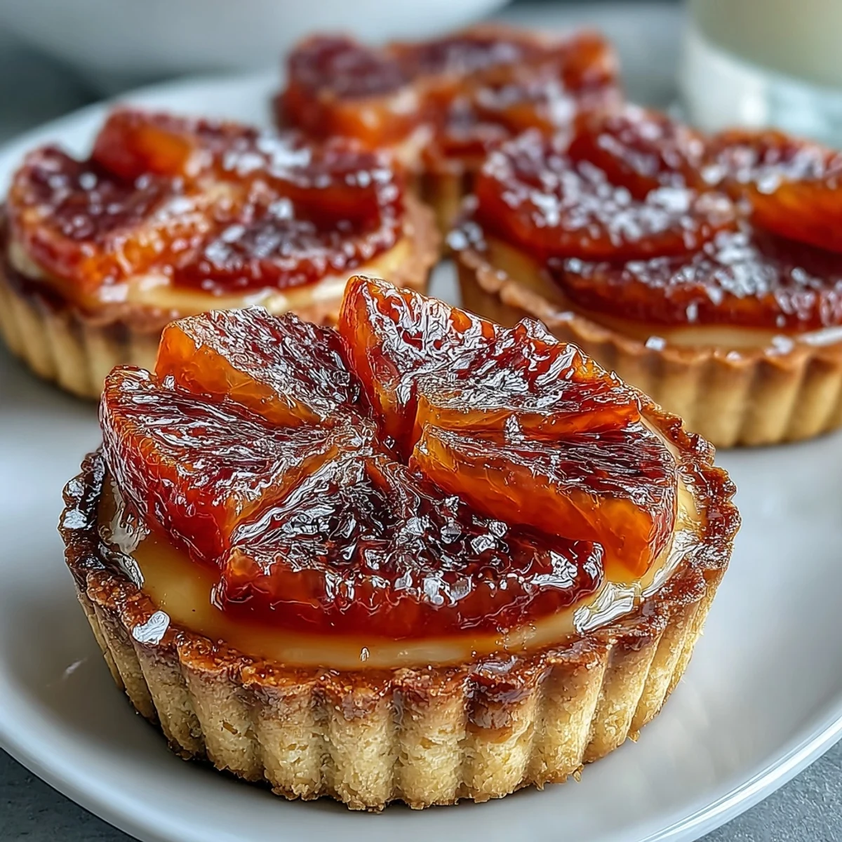 Six Blood Orange Tarts with silky vanilla custard sit on a marble board, garnished with fresh orange slices.