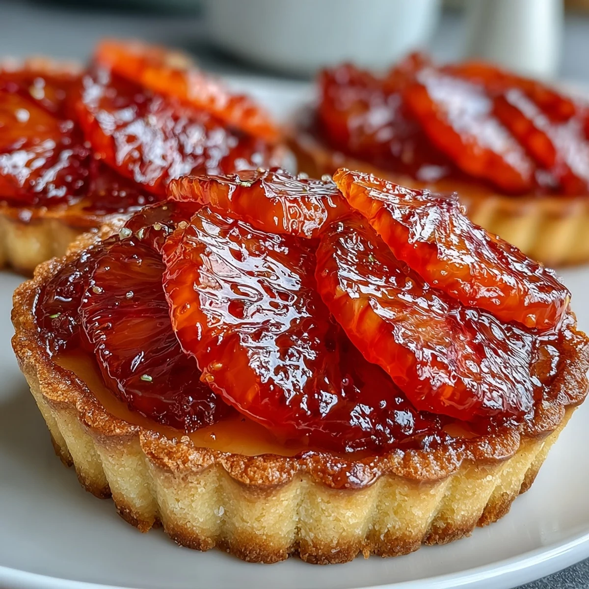 Close-up of a sliced Blood Orange Tart revealing smooth custard filling and tangy fruit layers on a rustic table.