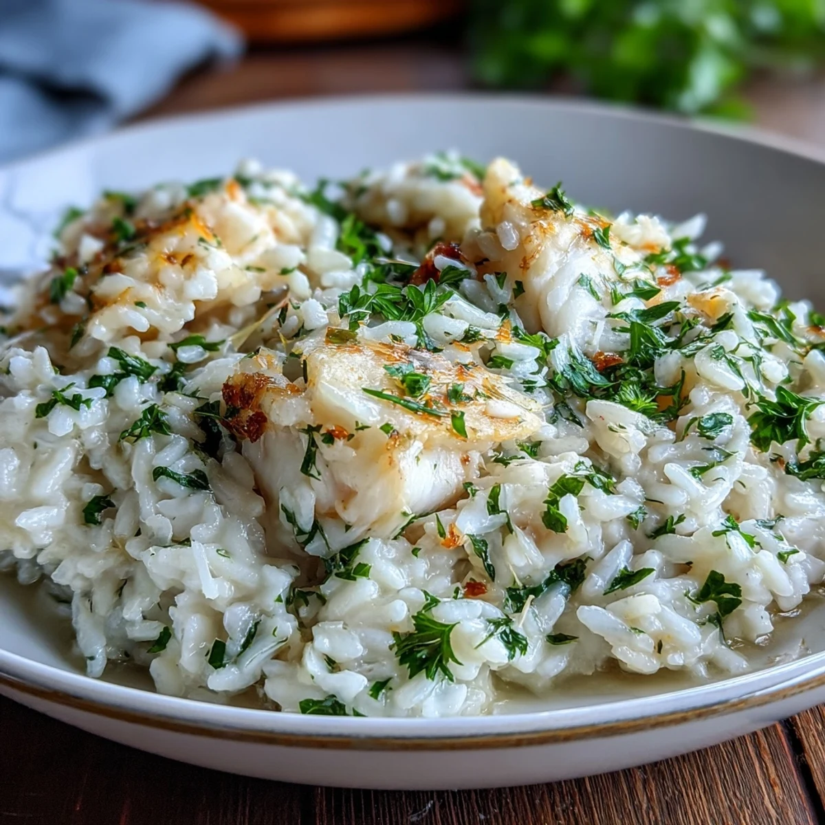 Golden Smoked Haddock Risotto served with a glass of white wine and crusty bread.